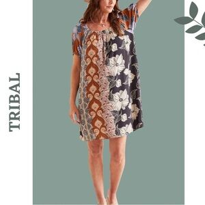 Tribal Dress With Bubble Sleeves Swimsuit Cover Up Black Brown Blue